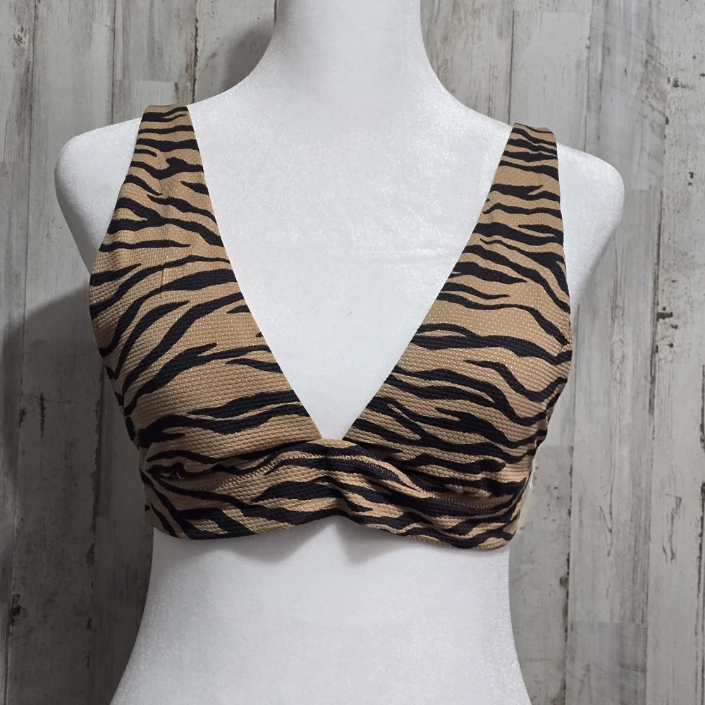 Aerie Pique Brown Animal Print Tie Back Longline Triangle Bikini Top Size Medium